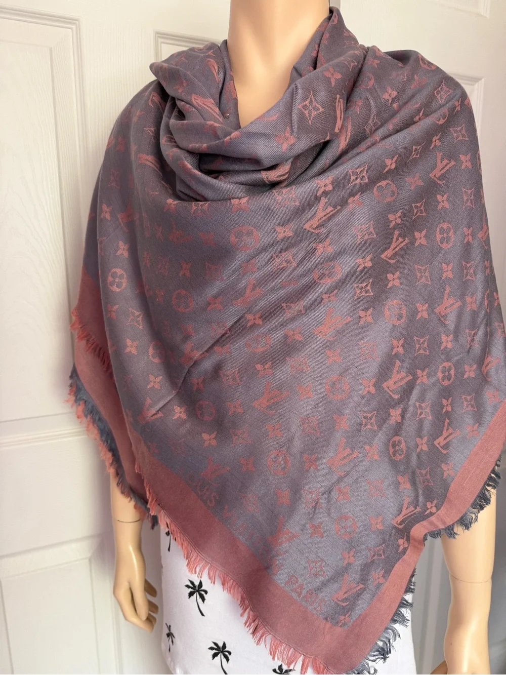Louis Vuitton Grey Pink Reversible Monogram Large Scarf Shawl